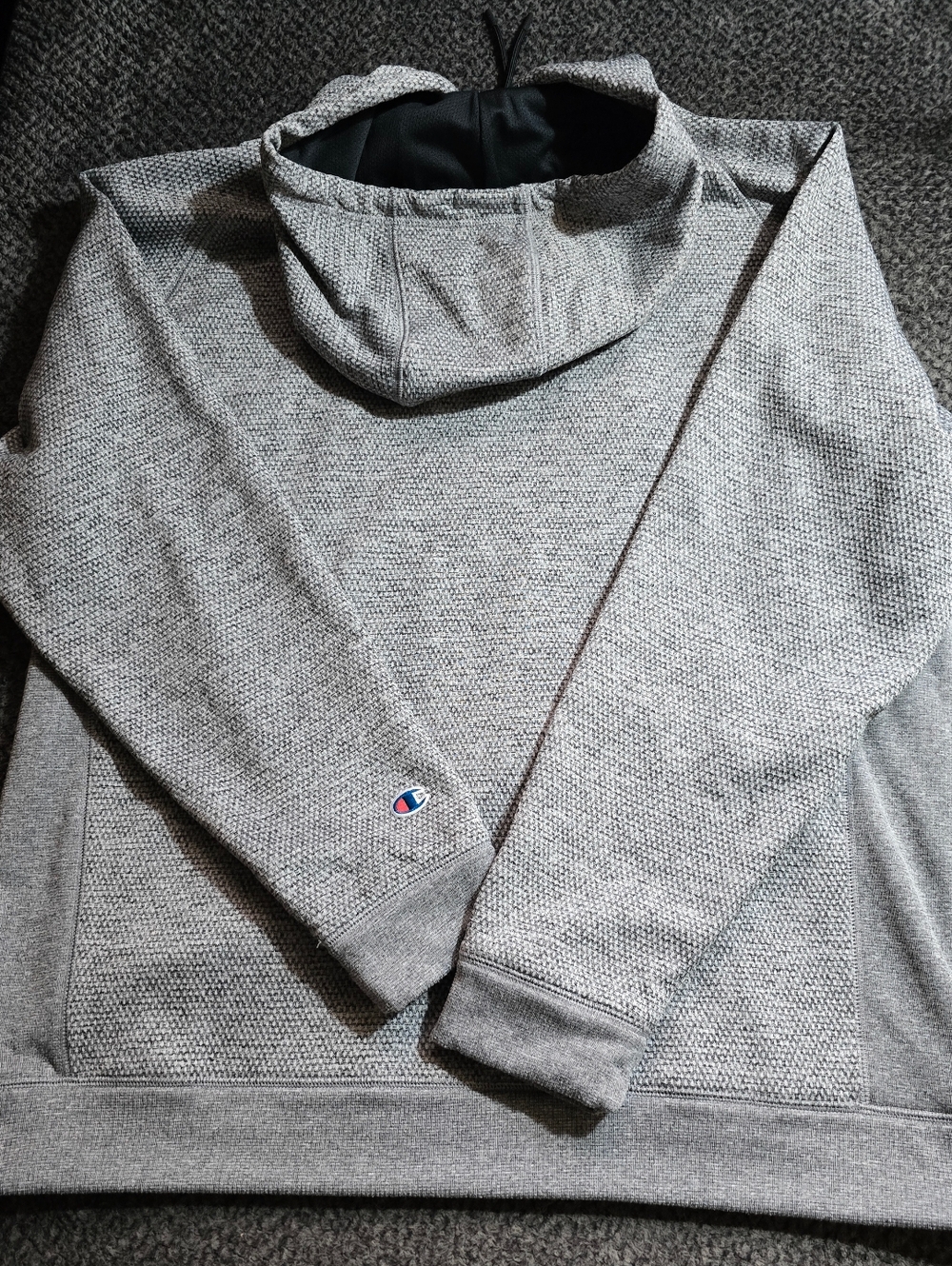 Champion Hoodie Gray Script Logo Men’s XL Textured Knit Pullover Sweatshirt - Picture 4 of 5